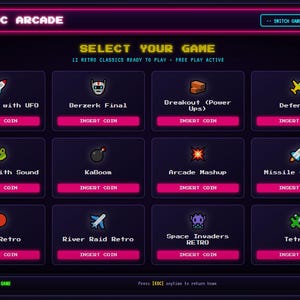 May include: A digital interface titled CLASSIC ARCADE with a grid of twelve retro video games. Each game box features a pixel art icon, a title, and a pink button labeled INSERT COIN. The dark background has neon purple borders and navigation menus.