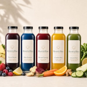 Op de afbeelding: Vijf glazen flessen koudgeperst sap van Root & Rise in de kleuren paars, blauw, donkerrood, geel en groen. Elke fles heeft een wit etiket met de merknaam, een zonicoon en de smaaknamen: Berry Boost, Blue Restore, Rooted Energy, Golden Rise en Green Glow.