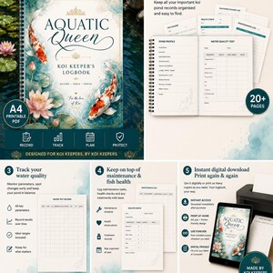 Op de afbeelding: Een digitaal A4-logboek voor koihouders genaamd Aquatic Queen, met aquarel koivissen en lotusbloemen op de omslag. Het logboek bevat pagina's voor vijverprofielen, waterkwaliteitstests, onderhoudslogboeken en de gezondheid van de vissen.