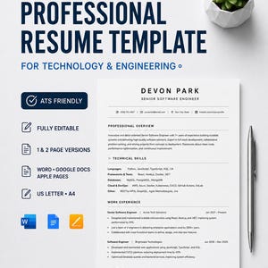 May include: A professional resume template for technology and engineering with the text LAND YOUR NEXT OPPORTUNITY, PROFESSIONAL RESUME TEMPLATE, FOR TECHNOLOGY & ENGINEERING, ATS FRIENDLY, FULLY EDITABLE, 1 & 2 PAGE VERSIONS, WORD, GOOGLE DOCS, APPLE PAGES, US LETTER, A4, INSTANT DOWNLOAD.
