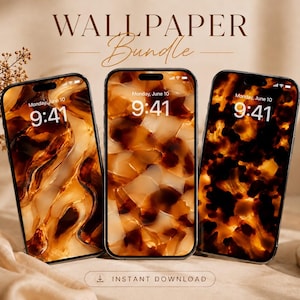 May include: Three smartphones displaying digital wallpaper designs with brown and amber tortoise shell patterns. The screens show the time 9:41 and the date Monday, June 10. The text WALLPAPER Bundle and INSTANT DOWNLOAD appear on the image.