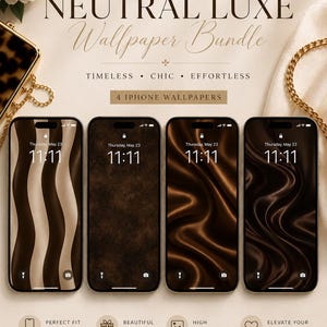 May include: A digital download bundle titled Pocket Elegance Neutral Luxe Wallpaper Bundle featuring four iPhone wallpapers with brown and cream abstract patterns. The display shows the time 11:11 on Thursday, May 23, with icons for a flashlight and camera.