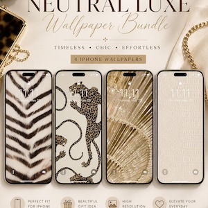Puede incluir: Un paquete de descarga digital con cuatro fondos de pantalla para iPhone titulado Pocket Elegance Neutral Luxe Wallpaper Bundle. Los diseños incluyen un patrón de rayas de tigre, estampado de leopardo, textura de rayos de sol dorados y piel de cocodrilo crema.
