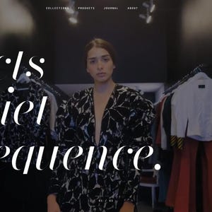 May include: A website interface for a fashion brand named OBJET, featuring a large hero image of a person in a black and white patterned garment. The layout includes navigation menus, a product preview of a tan wool coat, and text reading Objects of quiet consequence.