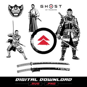 Puede incluir: Una colección de ilustraciones digitales en blanco y negro con personajes de Ghost of Tsushima, una máscara de samurái, dos katanas y un emblema rojo central dentro de un círculo negro. El texto dice Ghost of Tsushima, Digital Download, SVG y PNG.