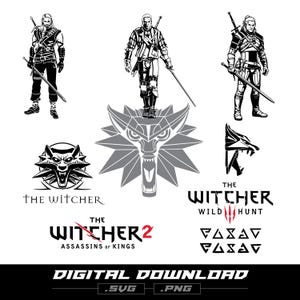May include: A collection of black and white digital graphics featuring three warrior figures with swords, a wolf head emblem, and text logos including The Witcher, The Witcher 2 Assassins of Kings, and The Witcher Wild Hunt with various geometric symbols.