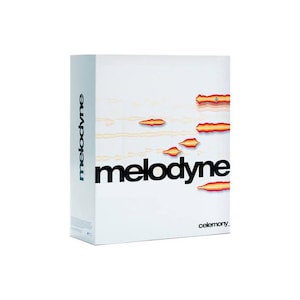 Puede incluir: Una caja de software rectangular blanca para Melodyne de Celemony. El frente presenta el texto negro "melodyne" en el centro, con el texto "celemony" más pequeño en la parte inferior derecha. Varios elementos gráficos de onda naranja y amarilla.