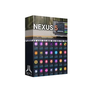 May include: A rectangular software box for Nexus 5 featuring a laptop screen displaying a digital audio workstation interface. The box displays the text Nexus 5, the Refx logo, and a grid of colourful icons representing various sound expansion packs.