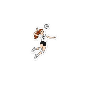 May include: A die-cut sticker featuring a cartoon illustration of a volleyball player with reddish-brown hair in a ponytail, wearing a white jersey with the text NAME #, black shorts, and white knee pads, jumping to hit a white volleyball.