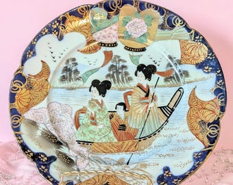 Vintage Japanese Kutani Geisha Boat Porcelain Plate, Hand Painted Cobalt Blue Iron Red Gold Cabinet Plate Gallery Wall Art Chinoiserie Decor