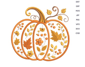May include: An embroidery design of a pumpkin outlined in orange, filled with stitched autumn motifs including maple leaves, small flowers, and berries in shades of yellow, orange, and brown. The text CND, DST, EXP, HUS, JEF, PES, VP3, XXX, CSD appears on the right.