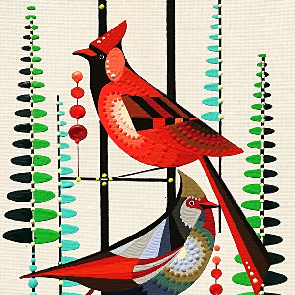 Original retro cardinal, Mid century modern inspired, Atomic, Gouache on canvas board, Retro bird Art, Mod