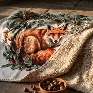 Cozy Botanical Print Sherpa Blanket: Vintage Red Fox & Oak Leaves Plush Throw