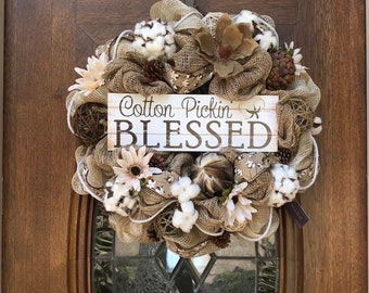 Cotton Pickin Blessed Burlap and Mesh Wreath