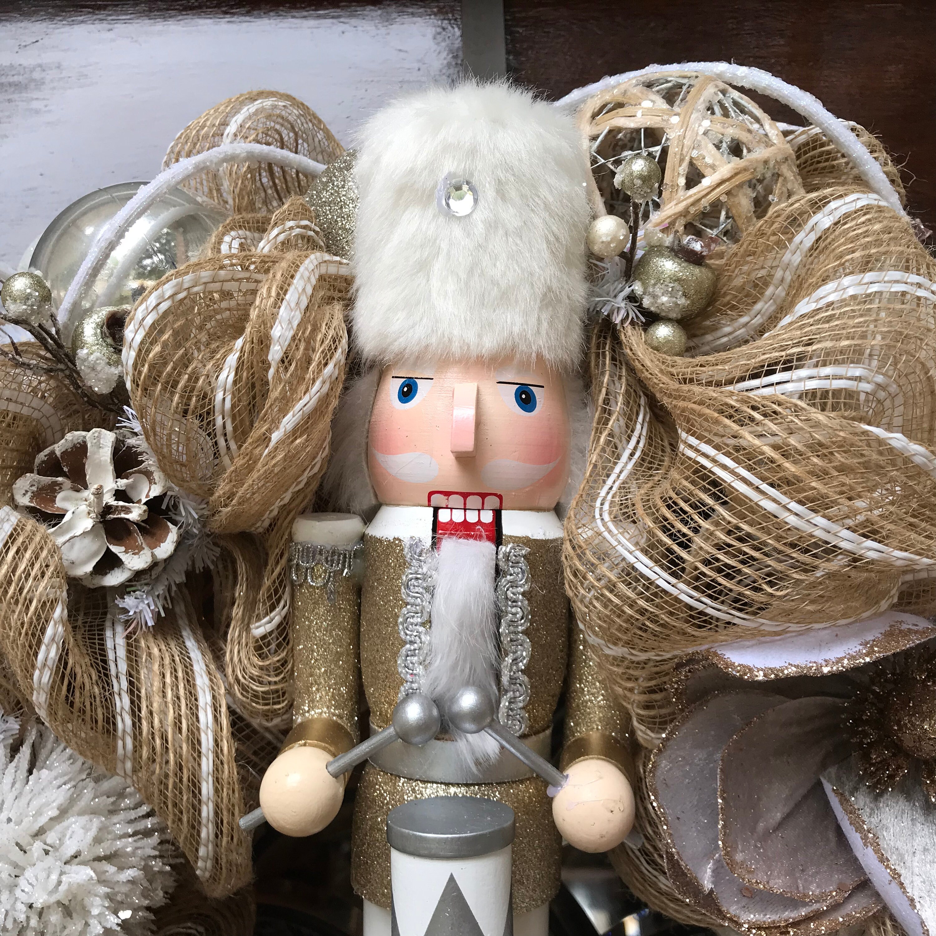 Silver and White Nutcracker with Fur Hat Wreath Etsy