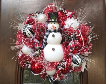 Whimsical Snowman with Top Hat and Scarf Wreath