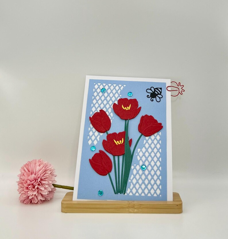 Handmade 3D Floral Greeting Card (5x7), Red Tulips, Bee Design - Etsy