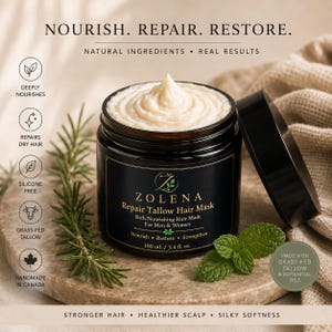 May include: A black jar of Zolena Repair Tallow Hair Mask with a white cream texture. The label reads: Nourish. Repair. Restore. Natural Ingredients. Real Results. 100 mL / 3.4 fl. oz. Features icons for nourishment, repair, silicone free, grass-fed tallow, and handmade in Canada.