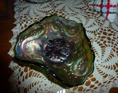 HTF Fenton Three Cornered Feathered Serpent Green Carnival Glass Dish