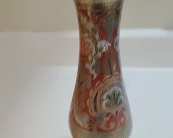 Vintage hand-etched and painted brass vase from India, featuring colorful enamel floral