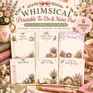 Printable To Do List & Notes Pad, Whimsical Daily Planner Pages, Cottagecore Weekly Planner, Brain Dump Printable, Digital PDF