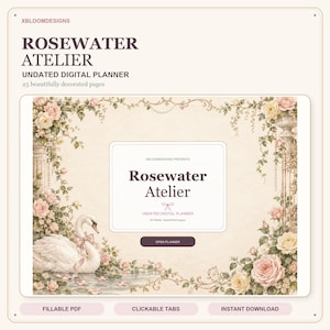 Puede incluir: Planificador digital sin fecha Rosewater Atelier con 25 páginas decoradas. La portada muestra un cisne blanco con un lazo rosa, rodeado de rosas crema y rosas, enredaderas y columnas de piedra. Texto: Rosewater Atelier y Open Planner.