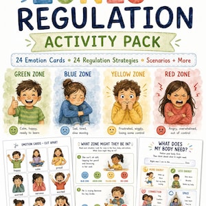 以下が含まれることがあります： 24枚の感情カード、24の調整戦略、シナリオを含むZones of Regulationアクティビティパック。印刷可能なPDFには、緑、青、黄、赤のゾーンを表す子供たちのイラストと、それらを説明するテキストが含まれています。
