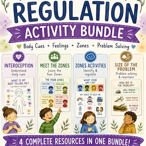 May include: An Emotion Regulation Activity Bundle educational poster featuring four sections: Interoception, Meet the Zones, Zones Activities, and Size of the Problem. The design includes illustrations of children, colourful icons, and text explaining emotional regulation strategies.