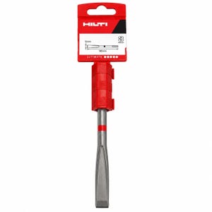 May include: A Hilti brand metal chisel with a silver-colored shaft and a flat, beveled tip. The tool is attached to a red plastic packaging header that displays the Hilti logo, a 15 mm width measurement, and a 180 mm length measurement.