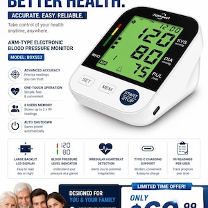 May include: A white Jejesweet arm-type electronic blood pressure monitor, model BSX553, featuring a large backlit LCD screen displaying 120 SYS, 80 DIA, and 75 PUL. The device includes SET, MEM, and START/STOP buttons with Type-C charging support.