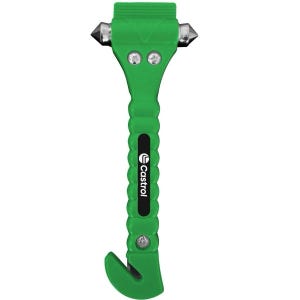 May include: A bright green emergency escape tool featuring a dual-pointed metal hammer head at the top and a seatbelt cutter hook at the base. The handle has a textured grip and a black vertical label with the white text Castrol printed on it.