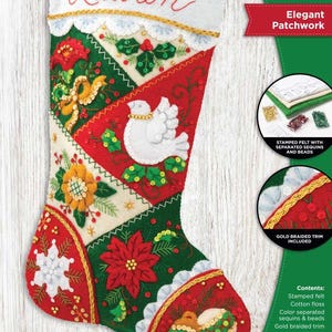 May include: A Bucilla felt stocking kit, 18 inches, featuring a patchwork design with red and green sections. Embellishments include a white dove, poinsettia, holly, and bells, accented with sequins and beads. The cuff is embroidered with the name Lauren.