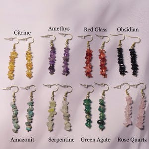 May include: Eight pairs of dangle earrings featuring gold-tone hooks and chip-style beads in citrine, amethyst, red glass, obsidian, amazonite, serpentine, green agate, and rose quartz, with labels identifying each stone type above or below.