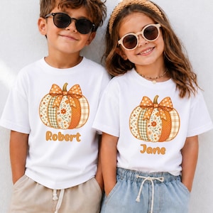 Personalized Patchwork Pumpkin Kids Shirt, Fall Floral Bow Graphic Tee, Cute Matching Top, Custom Name Patch Pumpkin Matching Sweatshirt Top