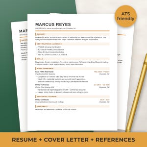 May include: A professional resume template for an HVAC technician named Marcus Reyes, featuring sections for summary, certifications, skills, work experience, education, and availability, with a gold pen and an ATS friendly badge.