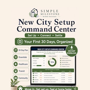 May include: A digital New City Setup Command Center planner displayed on a laptop screen. The interface features a 30-day plan, progress tracking, and task lists for essentials, healthcare, transit, and community. Includes icons and text.