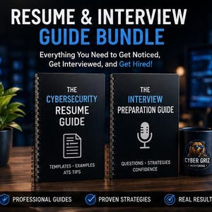 May include: A Resume & Interview Guide Bundle featuring two black spiral-bound notebooks titled The Cybersecurity Resume Guide and The Interview Preparation Guide, accompanied by a black mug with a bear logo and text reading Cyber Griz.