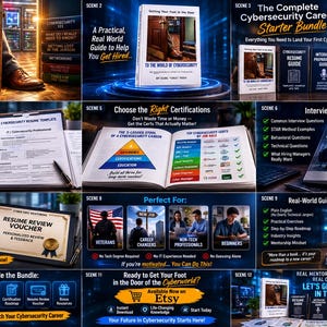 Op de afbeelding: Een digitale marketingafbeelding voor de Complete Cybersecurity Career Starter Bundle van Cyber Griz Mentoring, met twaalf panelen die een boek, cv-sjablonen, interviewgidsen, certificeringsroadmaps en een voucher voor cv-beoordeling tonen.