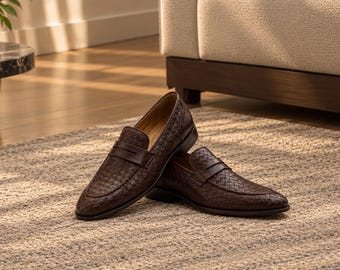 Handmade Hand-Knitted Leather Penny Loafers for Men | Free Fast Delivery