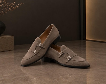 Handmade Suede Double Monk Strap Slip-On Loafers for Men | Buckle Strap | Free Fast Delivery