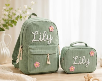 Custom Name Kids Backpack Set, Personalized Corduroy School Backpack with Lunch Bag, Strawberry Toddler Preschool Bag