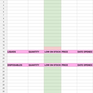 May include: A digital spreadsheet titled Copy of Lash Inventory 2026 with columns for Lash Trays, Quantity, Low on Stock Price, and Date Opened. The table features pink header rows for categories including Liquids, Disposables, and Sanitisation.