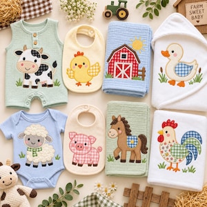 Ensemble de broderies appliquées patchwork animaux de la ferme, vache, poussin, canard, mouton, cochon, cheval, coq, grange, motifs de broderie machine