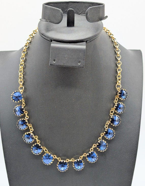 Faceted Round Blue Glass Crystal Rhinestone Necklace 18"-20"