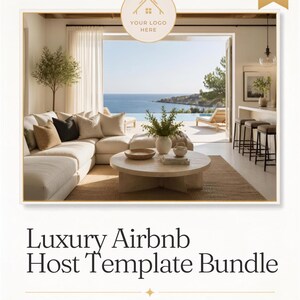 Op de afbeelding: Een digitaal sjabloonpakket met een foto van een woonkamer met een witte hoekbank, een ronde houten salontafel en uitzicht op de oceaan. De tekst luidt 01 OF 30, YOUR LOGO HERE, Luxury Airbnb Host Template Bundle en 30 editable carousel pages for premium stays.