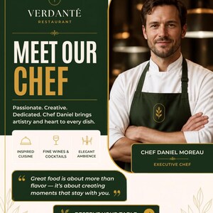 May include: A promotional graphic for Verdanté Restaurant featuring Chef Daniel Moreau in a white chef coat and dark green apron. The text includes Meet Our Chef, Chef Daniel Moreau Executive Chef, and Reserve Your Table with a quote about food.