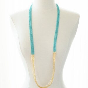 London Turquoise and Gold Seed Bead Necklace, Seed Bead Jewelry, Long Beaded Necklace, Multi Strand Necklace, Turquoise Beads, Gold Beads