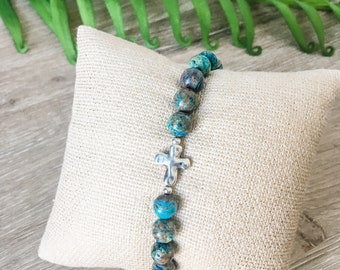 Faith Bracelet, Cross Bracelet, Beaded Bracelet, Turquoise Beads, Silver Cross, Stretchy Bracelet, Cross Charm