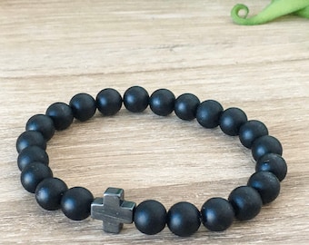 Men's Black Onyx Beaded Cross Bracelet, Religious Jewelry