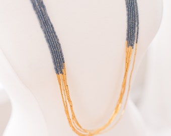 Seed Bead Necklace, Multi Strand, Glass Seed Beads, Gunmetal Beads, Blue Beads, Gold Beads, Layered Necklace, Statement Necklace